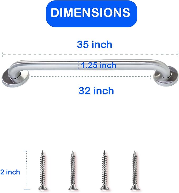 32” Shower Handle Smooth Grip | 304 Stainless Steel Bathroom Grab Bars for Seniors, Handicap Grab Bars | ADA Shower Bars Safety for Elderly Holds Upto 400lbs, Grab Bars for Bathtubs and Showers
