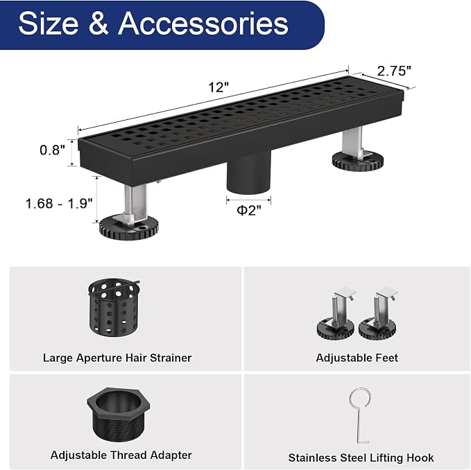Linear Shower Drain | 12 Inch AISI 304 Stainless Steel Shower Drain, Matte Black Linear Drain with Removable Quadrato Grate Cover & Adjustable Feet, Rectangle Floor Drain, in Bathroom Balcony etc