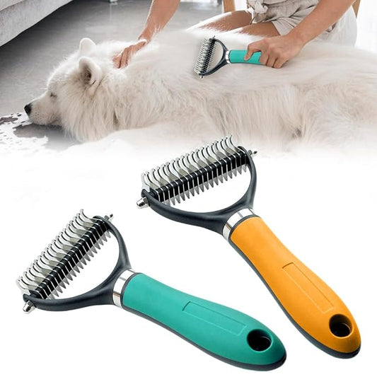 Pet Grooming Brush, 2026 New Multifunctional Double-Sided Undercoat Rake for dogs, Durable Dematting Tool for long haired cats, Easy Grip Fur Remover Comb for home use (Orange+Green)