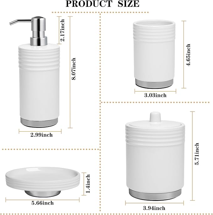 RQYIXI Ceramic 4-Piece Bathroom Accessories Set, White, Chrome Base | polished chrome metal base ribbed design with cotton canister hotel style countertop organization