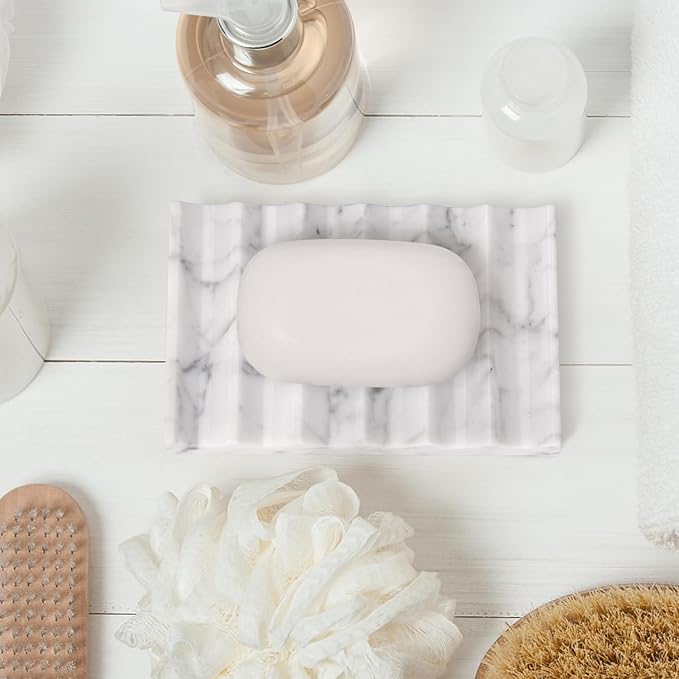 Luxury Marble Soap Dish Tray,Rectangle Stone Marble Soap Tray,Self Draining Soap Holder for Bathroom, Kitchen (Carrara White)