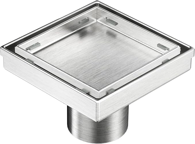Neodrain Square Shower Drain with Removable Tile Insert Grate,304 Stainless Steel, CUPC Certified, Includes Hair Strainer (Brushed, 4 in)