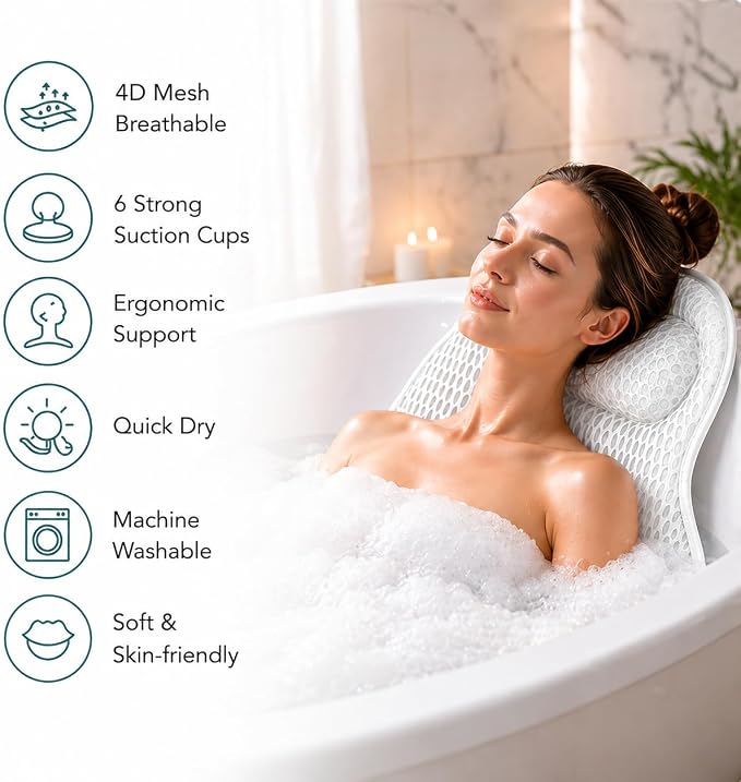 Bathtub Pillow for Neck and Back Support, Soft 4D Bath Pillow Tub Headrest | Ergonomic 4D Mesh Bath Pillow with 6 Suction Cups, Non-Slip Spa Bath Cushion Luxury Bath Accessories Spa for Women Gift