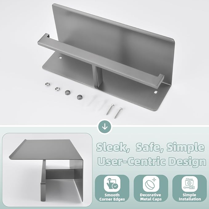 APLusee Gunmetal Gray Double Toilet Paper Holder with Shelf, 304 Stainless Steel Bathroom Tissue Roll Holder, Wall Mounted Paper Dispenser for Bathroom Kitchen, Fits Mega Rolls