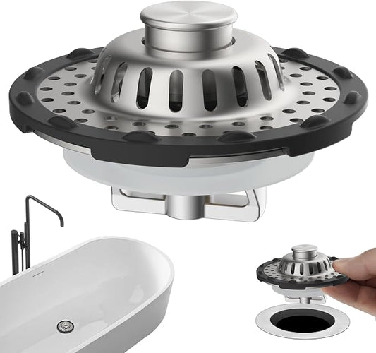 Universal Bathtub Drain Stopper All Metal Top Hair Catcher, Brushed Nickel | Shower Drain Tub Stopper with Stainless Steel Visible Filter Basket, Upgraded 3 in 1 Pop-up Drain Plug for 1.5 to 2.4" Hole
