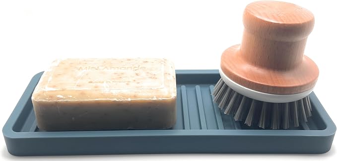 Silicone Sink and Surface Organizer Tray, Sponge Holder, Vanity Tray, Trivet | Heat Safe, Dishwasher Safe, for Bathroom and Kitchen Organization (Smoky Blue, 9"x3.5")