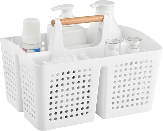 Portable Shower Caddy Basket with Wood Handle, 3-Compartment Bathroom Organizer Tote with Drain Holes, Plastic Shower Basket for Dorm, Toiletries, Cleaning Supplies, White