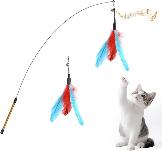 Pawaboo Cat Feather Wand Interactive Toy, 2 Feathers + 1 Wand with Bell | Cat Feather Teaser Toys Flying Catcher Extra Long 34.5" Wand Exerciser Playing Chase Cat Toy Wands for Kitten, Blue&Red Brown