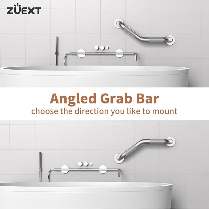16 Inch Angled Grab Bar 2 Pack, ZUEXT Anti Slip Shower Grab Bar, Brushed Nickel Stainless Steel Knurled Bathroom Balance Bar, Safety Handrail Support,Handicap Elderly Injury Senior Assist Bath Handle