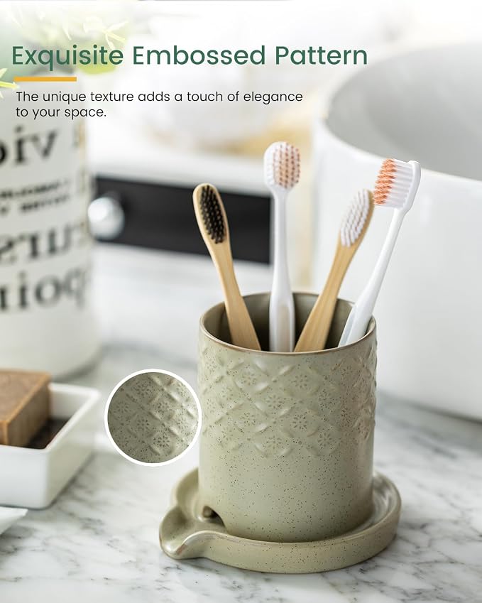 Zoeeker Toothbrush Holders for Bathrooms, Self-draining Toothbrush Holder | Ceramic Electric Toothbrush and Toothpaste Holders Countertop Organizers and Storage for Shower, Vanity, Pen Holder, Green
