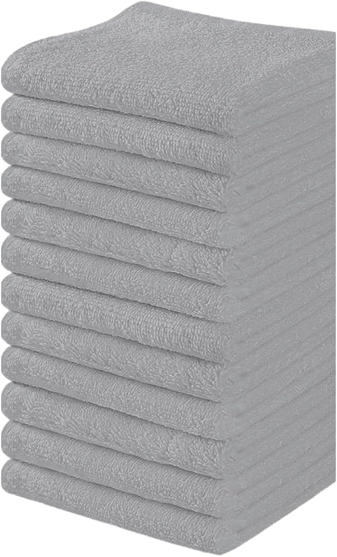 Towel and Linen Mart 100% Cotton - 12 Pack Wash Cloth Set - Flannel Face Cloths, Highly Absorbent and Soft Feel Fingertip Towels (Silver, Pack of 12)