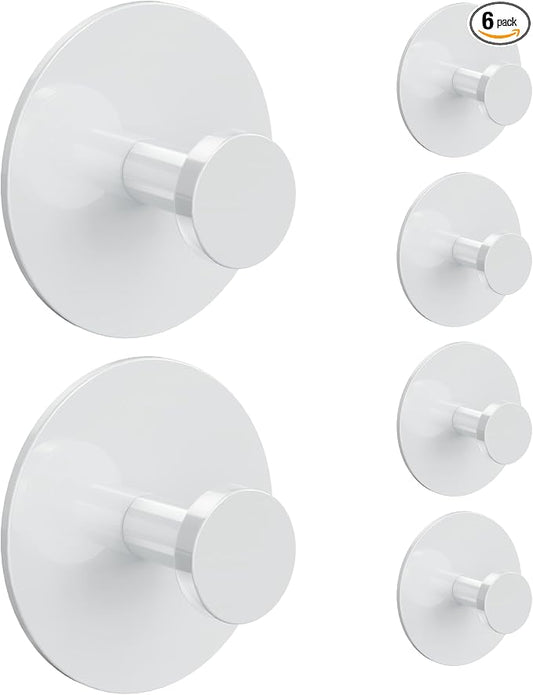 Wall Adhesive Hooks for Towel/Shower - No Damage Stick on Hanging Hook Heavy Duty for Bathroom, Door, Coat, White 6 Pack