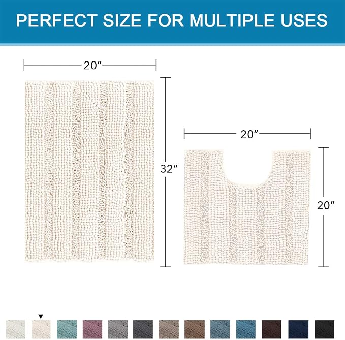 H.VERSAILTEX Bathroom Rugs Bath Rug Set 2 Piece Bathroom Contour Rug Toilet Mat Sets Non Slip Contour Bath Rug Ultra Thick Water Absorbent Striped Bath Mats Washable(20" x 32" Plus 20" x 20" U, Ivory)