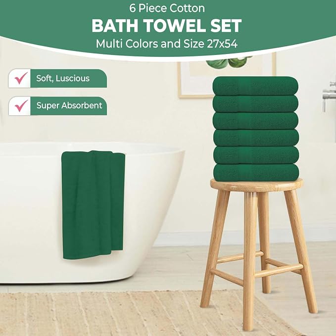 KAHAF COLLECTION 6 Pack Bath Towels Set (27 x 54 Inches) 100% Ring Spun Cotton, Lightweight, Quick Dry, Highly Absorbent Towels (Dark Green, (27x54) Inches)