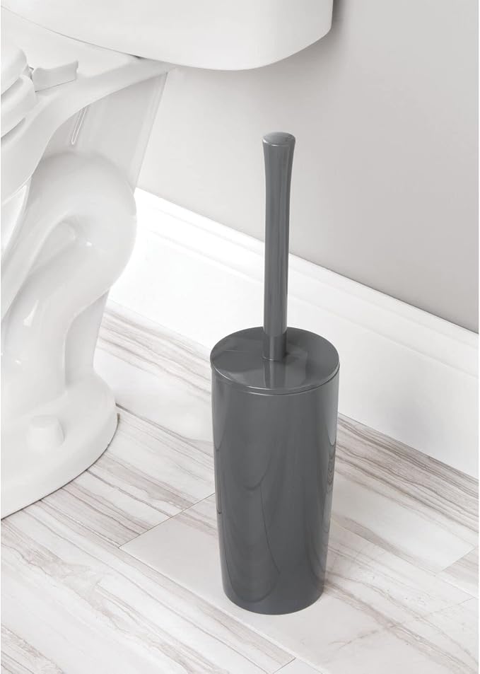 mDesign Slim Plastic Toilet Bowl Brush and Holder Set, Modern Compact Storage Organizer Cleaner Scrubber for Toilet - Heavy Duty Cleaning Plunger for Bathroom, Aura Collection - Charcoal Gray