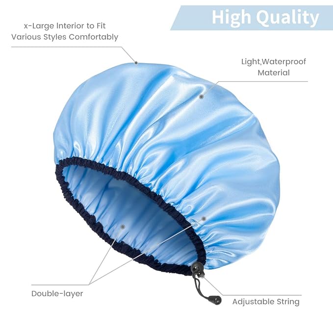 Auban Shower Cap for Women, Adjustable Reusable, Extra Large, Double-Layer Waterproof Bathing cap, Waterproof Exterior, EVA Lining, Hair Cap for All Hair Lengths, 3 Colors