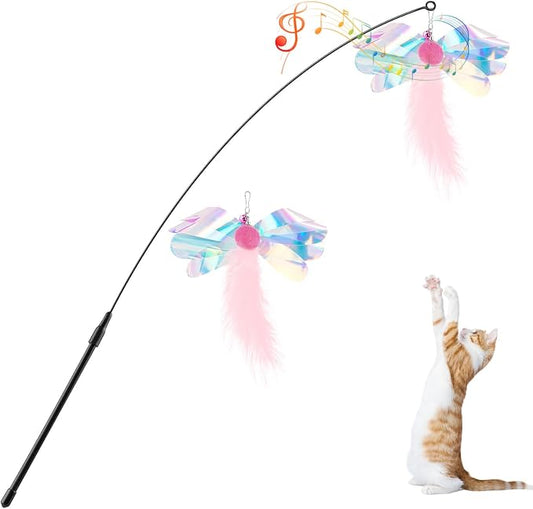 Pawaboo Cat Feather Wand Interactive Toy, 2 Feathers + 1 Wand with Bell | Cat Feather Teaser Toys Flying Catcher Extra Long 34.5" Wand Exerciser Playing Chase Cat Toy Wands for Kitten, Pink Butterfly