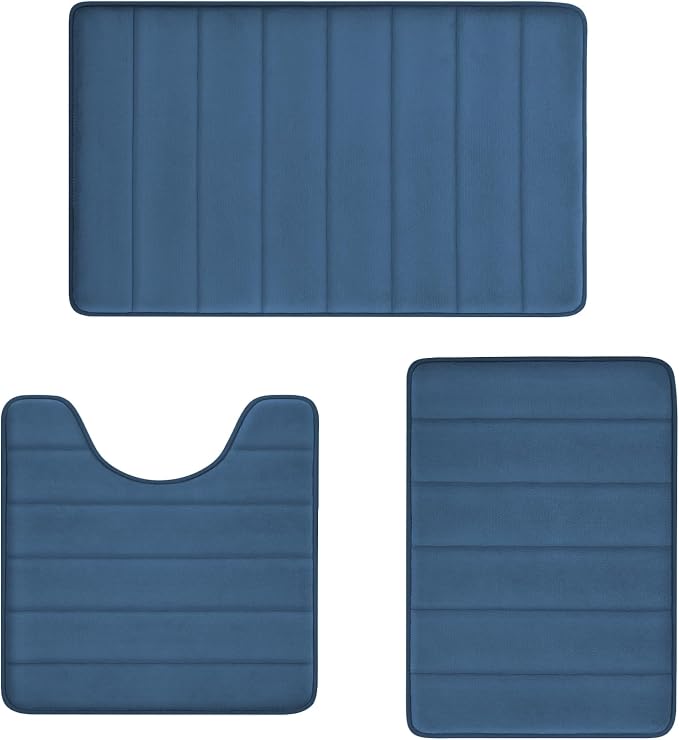 Memory Foam Bath Rug Set 3 Piece Non-Slip Mats,Absorbent Shaggy Super Soft U-Shaped Toilet Rug,Bathroom Carpets for Tub,Shower,Blue