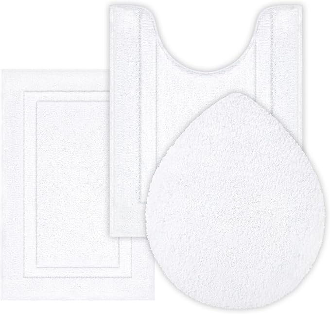SHACOS White Bathroom Rugs Sets 3 Piece, Non Slip Soft Absorbent 16"x24" | Small Microfiber Bath Mat with Toilet Lid Cover, Shaggy Carpet U-Shaped Contour Toilet Rug, Machine Washable