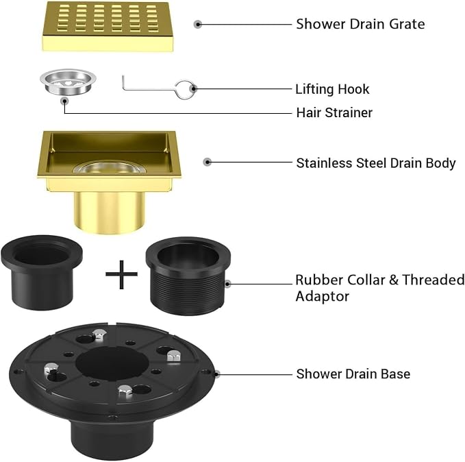 4 Inch Square Shower Drain Brushed Gold with Removable Quadrato Pattern Grate, SUS 304 Stainless Steel Floor Drain with Flange