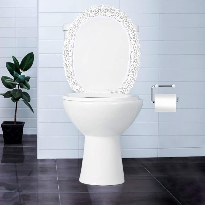 LuxUrux Toilet Lid Cover with Stretch Fit Elastic Band – Chenille Microfiber Toilet Seat Non-Slip Cover for Bathroom – Soft Plush, Machine Wash And Dry, Comfort & Clean Look (18 x 18'', White)