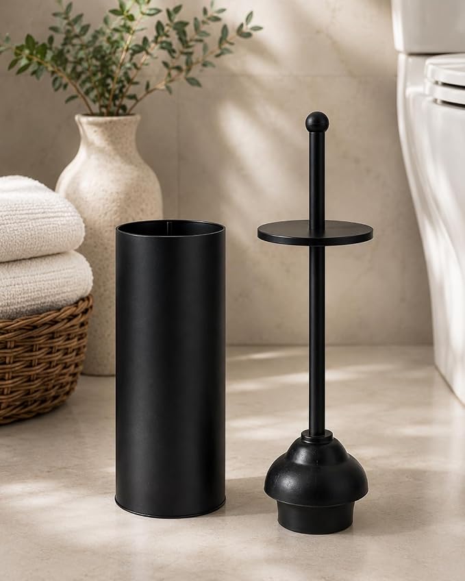 Toilet Plunger with Holder for Bathroom - Deep Cleaning - Heavy Duty - Strong Efficient Suction Cup - Household Essentials - Household Supplies, Matte Black