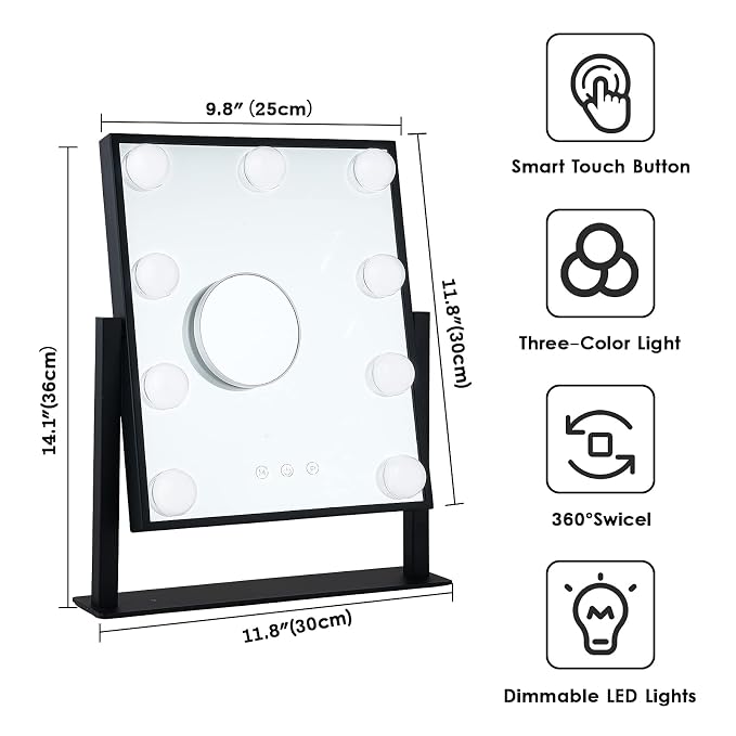 BWLLNI Vanity Mirror with Lights, Black Makeup Mirror with 9 LED Bulbs | Hollywood Mirror Touch Control Design 3 Colors Dimmable Bulbs Detachable 10X Magnification 360°Rotation