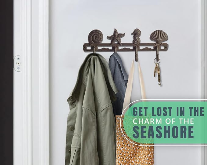Comfify Rust Brown Seashell Cast Iron Wall Hook Rack – 4 Hooks, 13.5" | Rust Brown; 2 seashells + starfish + seahorse; 4"H x 13.5"L; cast iron; includes screws and anchors; coastal decor