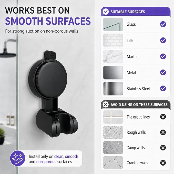 Suction Shower Head Holder, Black Adjustable Handheld Shower Wand Holder for Bathroom Wall, No Drill Vacuum Suction Cup Shower Bracket Removable Shower Holder for Smooth Surface
