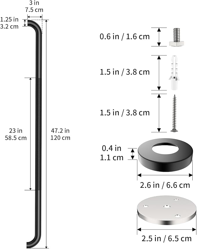 48 Inch Matte Black Shower Grab Bar w/Anti Slip Grip, ZUEXT Stainless Steel Bath Grab Bar,Bathroom Balance Bar, Wall Mount Safety Handrail Support, Handicap Injury Elderly Senior Assist Handle