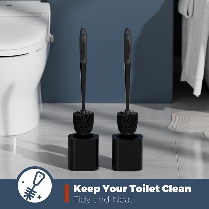 Holaloha Toilet Brush and Holder Set, Space Saving, 2 Pack, Black | Bathroom Accessories, Ergonomic Silicone Handle, Dense Bristles, Deep Cleaning, Scrubber, Compact Design
