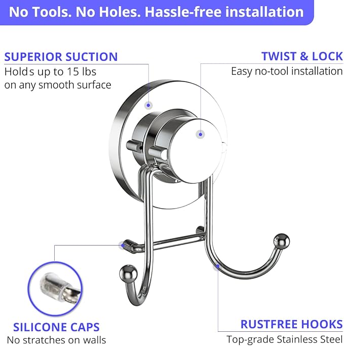 HOME SO Suction Cup Hooks for Shower & Bathroom Towel Holder 2-Pack – Suction Cups Hooks for Hanging Towels, Robes, & Coats - Tiles, Glass Door or Mirror – Shower and Towel Hooks - Chrome, Stainless