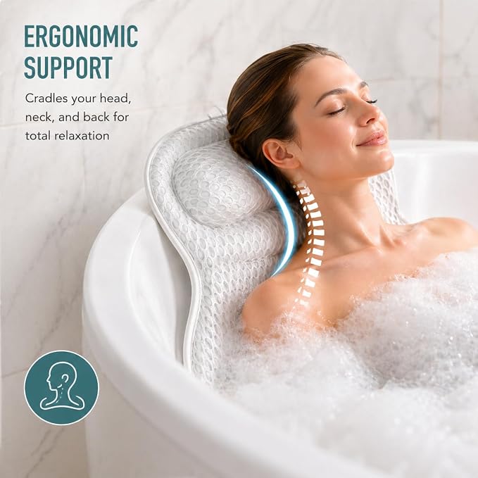Bathtub Pillow for Neck and Back Support, Soft 4D Bath Pillow Tub Headrest | Ergonomic 4D Mesh Bath Pillow with 6 Suction Cups, Non-Slip Spa Bath Cushion Luxury Bath Accessories Spa for Women Gift