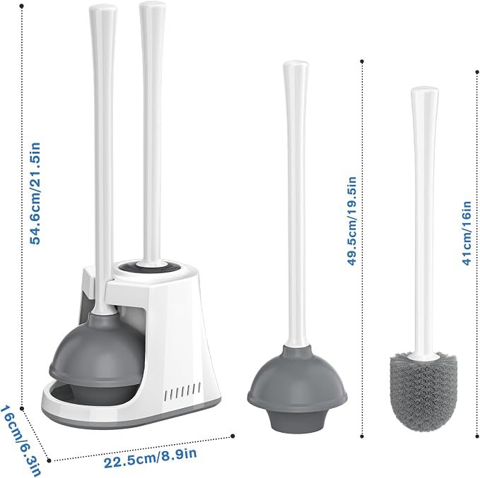 LOVLOY Toilet Plunger and Brush, Bowl Brush and Heavy Duty Toilet Plunger Set with Ventilated Holder, 2-in-1 Toilet Brush and Plunger Combo for Bathroom Cleaning (2, White)