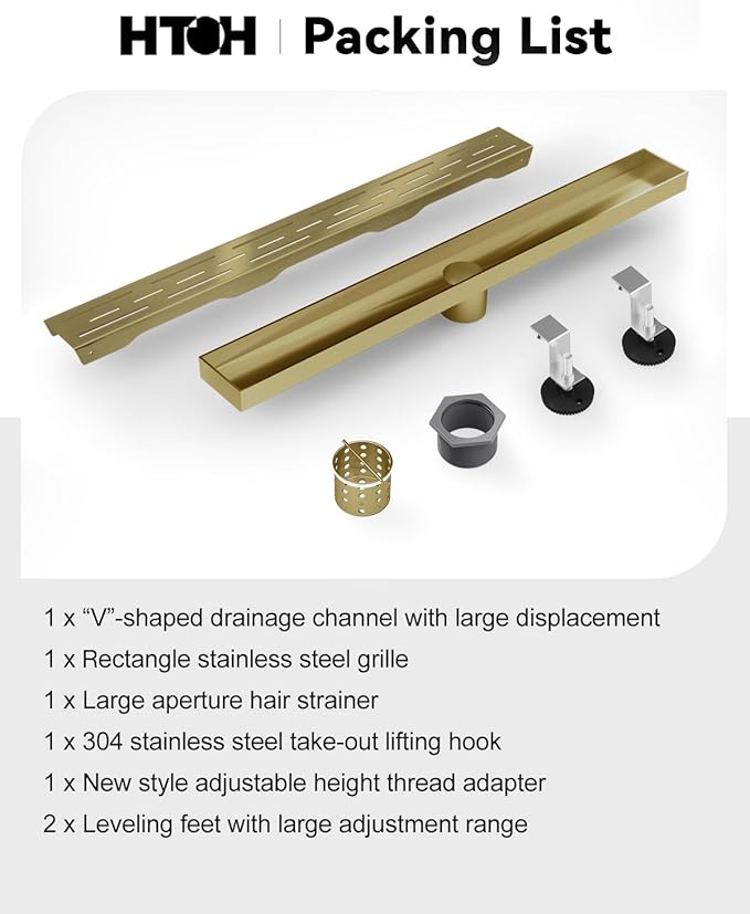 Brushed Titanium Gold Shower Drain 18 Inch, 304 Stainless Steel Linear Shower Drain with Removable Brick Pattern Grate - Adjustable Rectangular Shower Floor Drain with Hair Strainer, Linear Drain