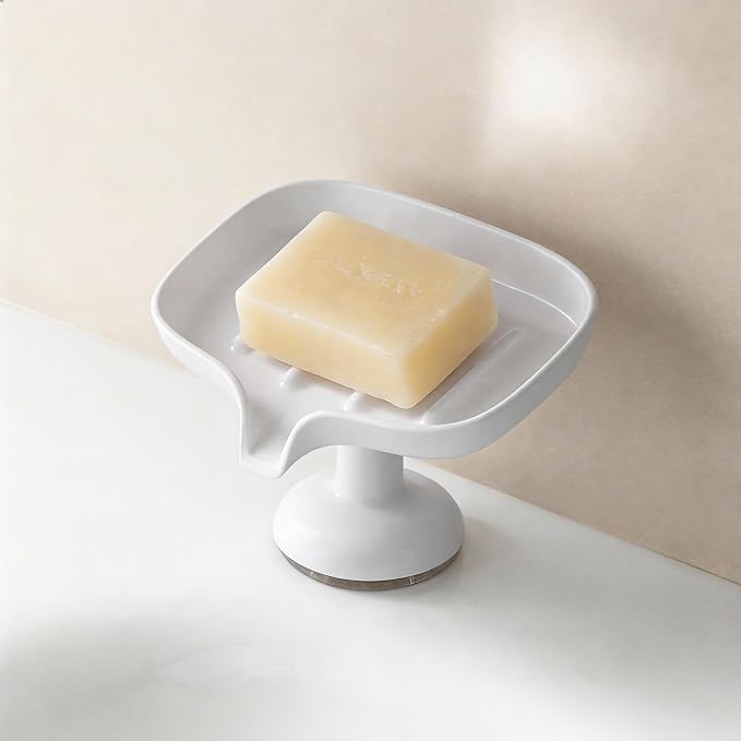 PAVSTINE Self-Draining Soap Dish with Suction Cup, Stand Bar Soap Holder | No-Drill Mounting, Removable for Easy Cleaning, Keeps Soap Dry, for Bathroom, Shower & Kitchen Sink, White