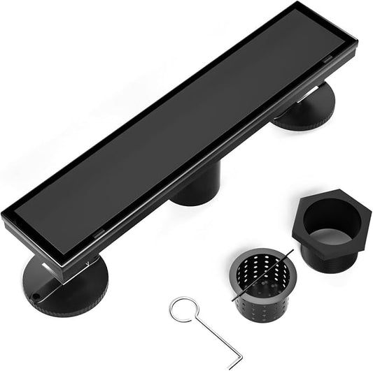 BARONAGE 12 Inch Linear Shower Drain, Reversible Tile Insert, Matte Black | 304 Stainless Steel Linear Drains, Rustproof, Hair Catcher, Rectangle Shower Floor Drain With Leveling Feet For Bathroom