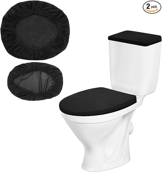 2 PCS Black Toilet Seat Cover Set, Soft Velvet Black Toilet Cover & Nylon Tank Cover with Elastic Bottom, Machine Washable Bathroom Accessories