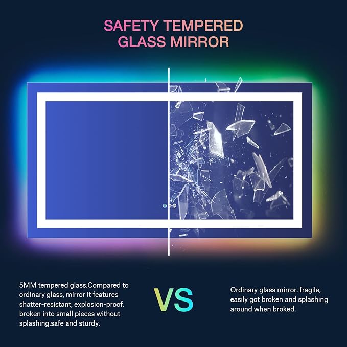 LOAAO 55"X30" RGB LED Bathroom Mirror with Lights, UL Listed | Anti-Fog, Dimmable, RGB Backlit + Front Lighted, Memory Function, Tempered Glass