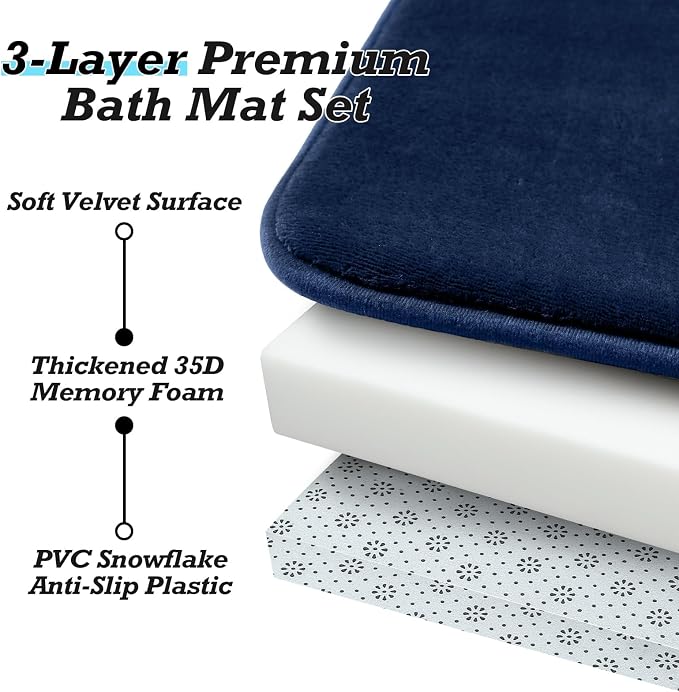 Bathroom Rugs Sets 3 Piece, Non-Slip & Quick Dry Bath Mat Set, Ultra Soft Velvet Bath Rugs for Bathroom, Toilet and Shower Floor, Navy