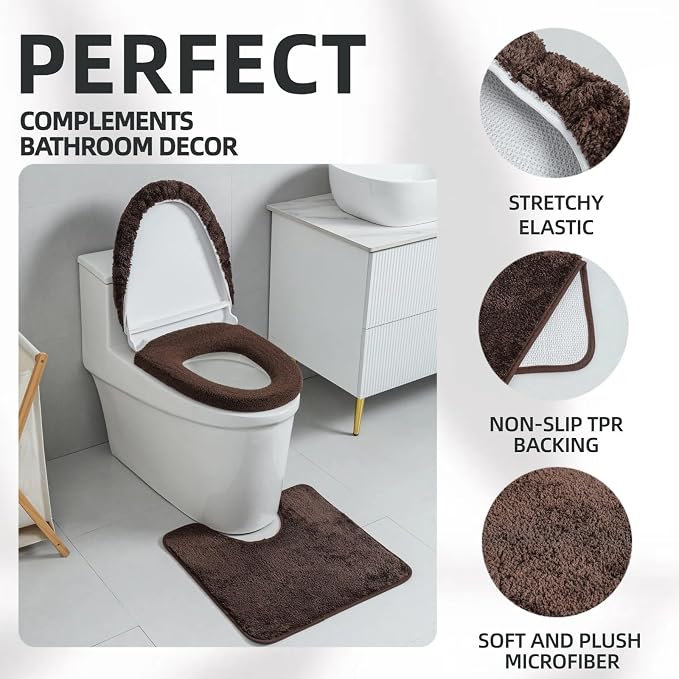 3piece Toilet Seat Cover Set - Toilet Seat Cover +Toilet Lid Cover + toilet rugs u shaped washable, Fits Most Elongated Round and Oblong Toilet,(Machine Washable,Quick-Dry) coffee