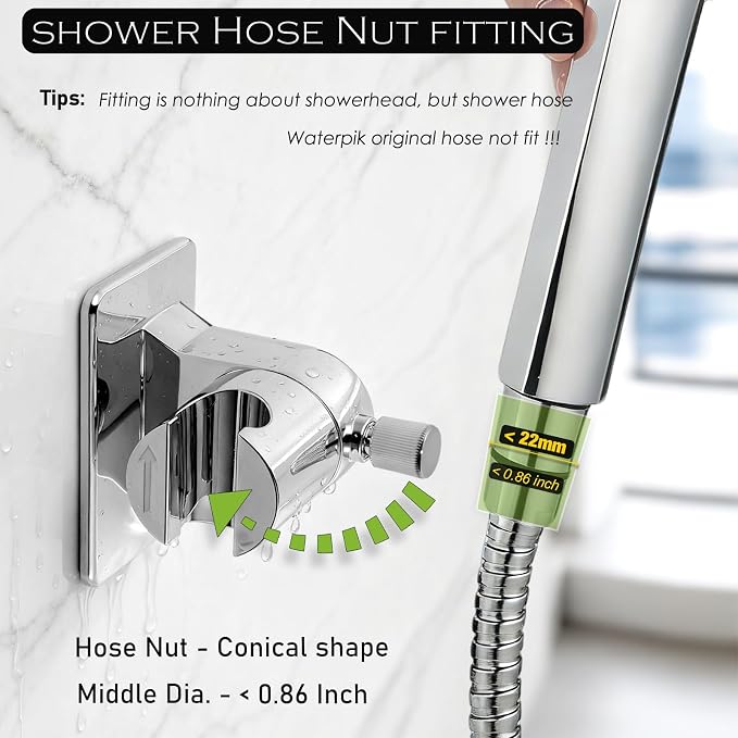 Handheld Shower Head Holder - No Drill - 360 Variable Adjustable - Tension Nut for Different Weight - Universal Shower Hose Fits - Wall Mounted with Strong Adhesive - (Polished Chrome)