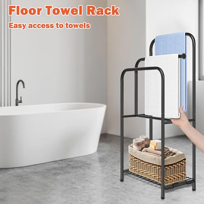 Towel Racks for Bathroom, 35" H Standing Towel Holder 3 Tier Metal Pool Towel Hanger Outdoor Floor with Storage Shelves for Blanket Bath Towel Drying (Matte Black)