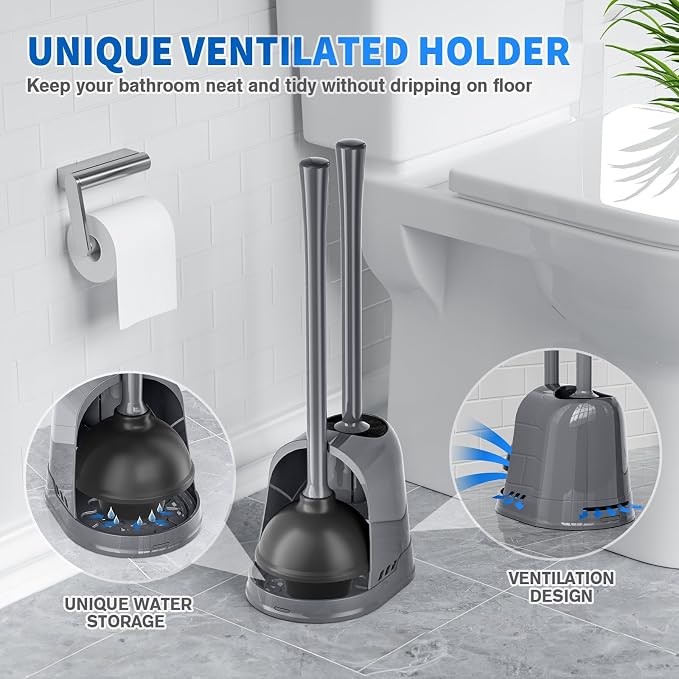 LOVLOY Toilet Plunger and Brush, Bowl Brush and Heavy Duty Toilet Plunger Set with Ventilated Holder, 2-in-1 Toilet Brush and Plunger Combo for 5.3-inch Toilet Drain Bathroom Cleaning (White)