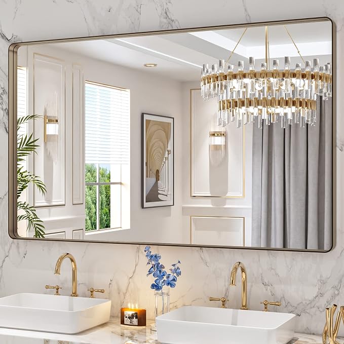 LOAAO 60"X36" Bronze Bathroom Mirror | Rounded Rectangle, Brushed Bronze Metal Frame, Anti-Rust, Tempered Glass, Hangs Horizontally or Vertically