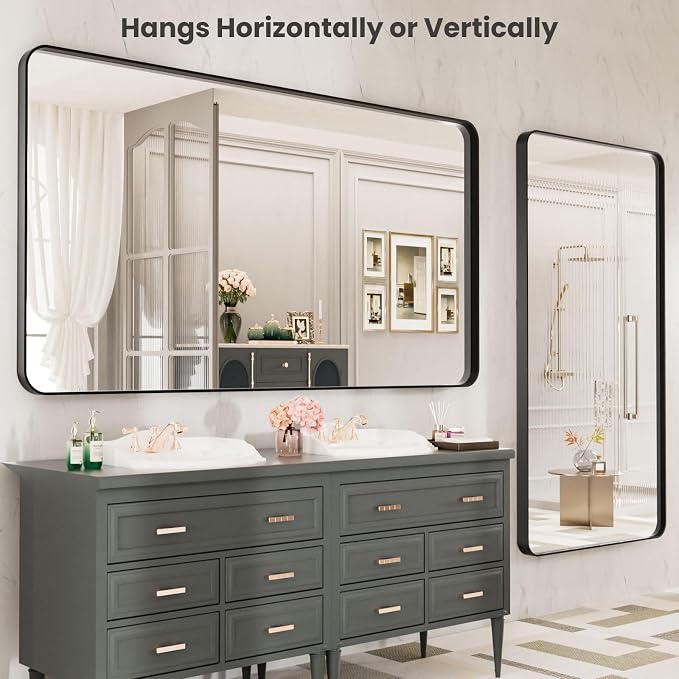 LOAAO Black Metal Framed Bathroom Mirror for Wall, Large 55X30 Inch Rounded Rectangle Mirror, Matte Black Bathroom Vanity Mirror Farmhouse, Anti-Rust, Tempered Glass, Hangs Horizontally or Vertically | Rounded Rectangle, Matte Black Bathroom Vanity Mir...