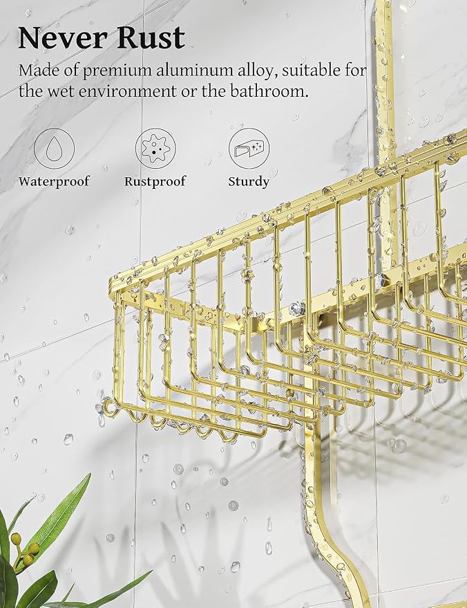Never Rust Shower Caddy Hanging, Aluminum Shower Racks for Inside Shower, 3-Tier Shower Organizer Hanging Over Shower Head with Hooks and Soap Holder, Gold