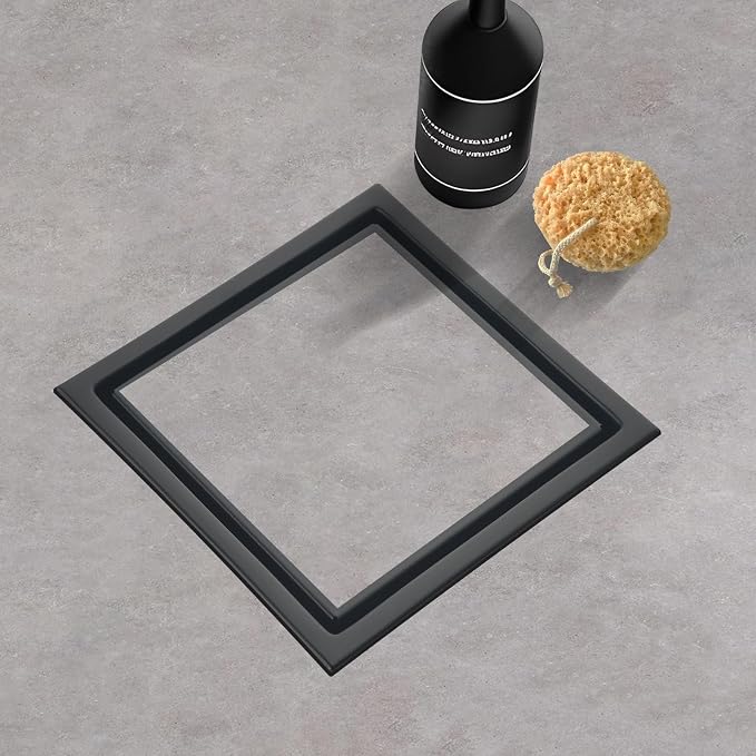 6-Inch Square Shower Drain, Matte Black Floor Drain with Flange, 304 Stainless Steel Bathroom 2-in-1 Tile Drain