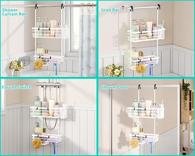 HapiRm Hanging Shower Caddy Organizer - No Drilling Shower Shelves with Hooks and Toothbrush Holder, Rustproof 304 Stainless Steel Bathroom Organizer - White