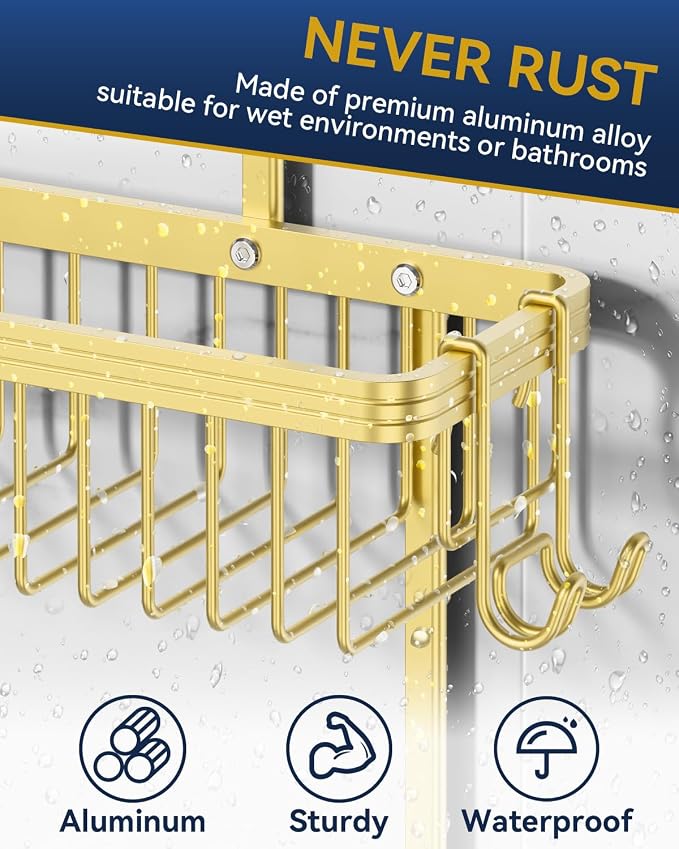 Never Rust Shower Caddy Hanging, Aluminum Shower Racks for Inside Shower, 2-Tier Shower Organizer Hanging Over Shower Head with Hooks and Soap Holder, Gold